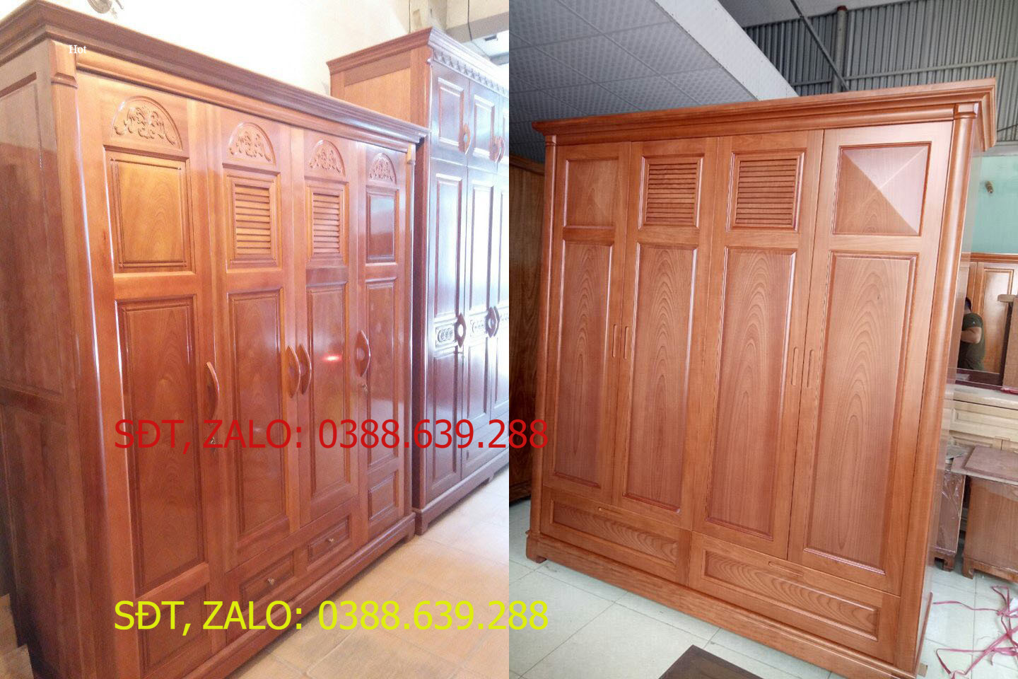 Tủ áo 4 cánh gỗ xoan đào , tủ đựng quần áo gỗ , tủ áo gỗ 1m8 .
