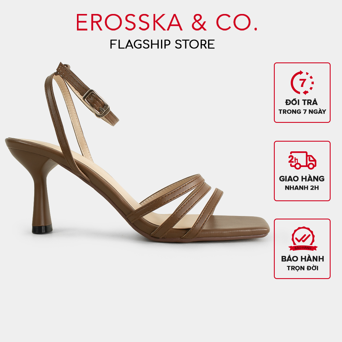 Erosska - Giày cao gót nhọn mũi hở phối dây quai mảnh cao 7cm màu nâu - EB052