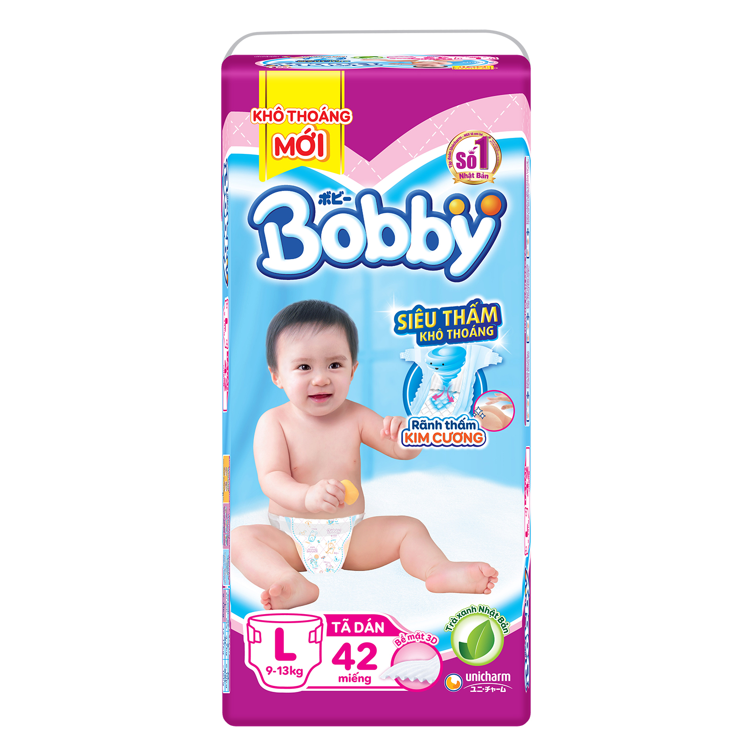 Tã Dán Bobby Size L 42 miếng dành cho bé 9 - 13 kg