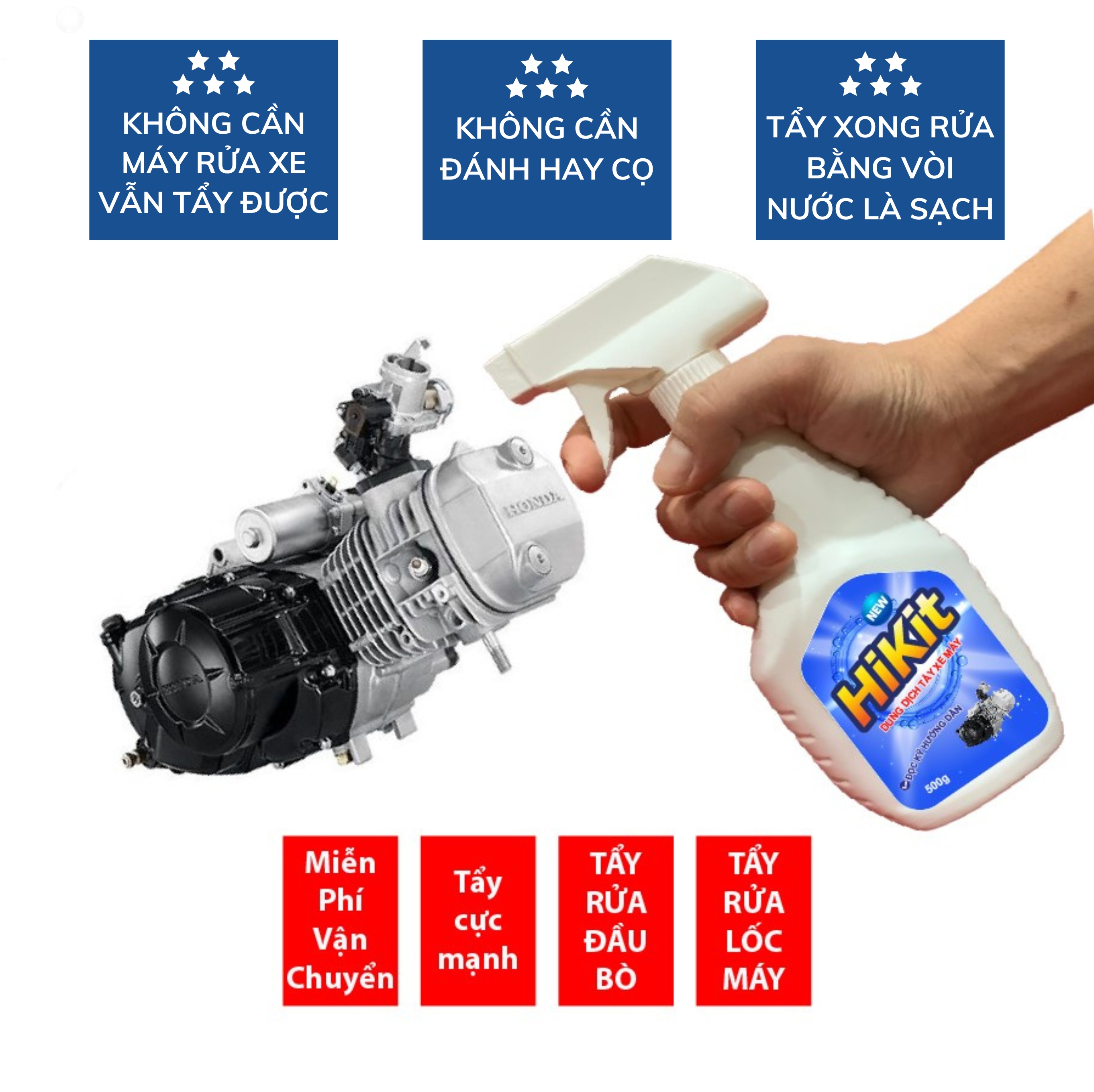 Dung dịch tẩy xe máy, tẩy rửa đầu bò, lốc máy, ố vàng, gỉ sét, tẩy kính HiKit