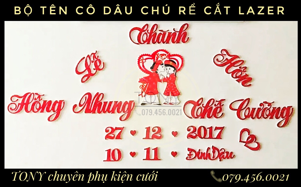 Bộ chữ xốp tên cô dâu chú rể - cắt laser kim tuyến nhiều màu