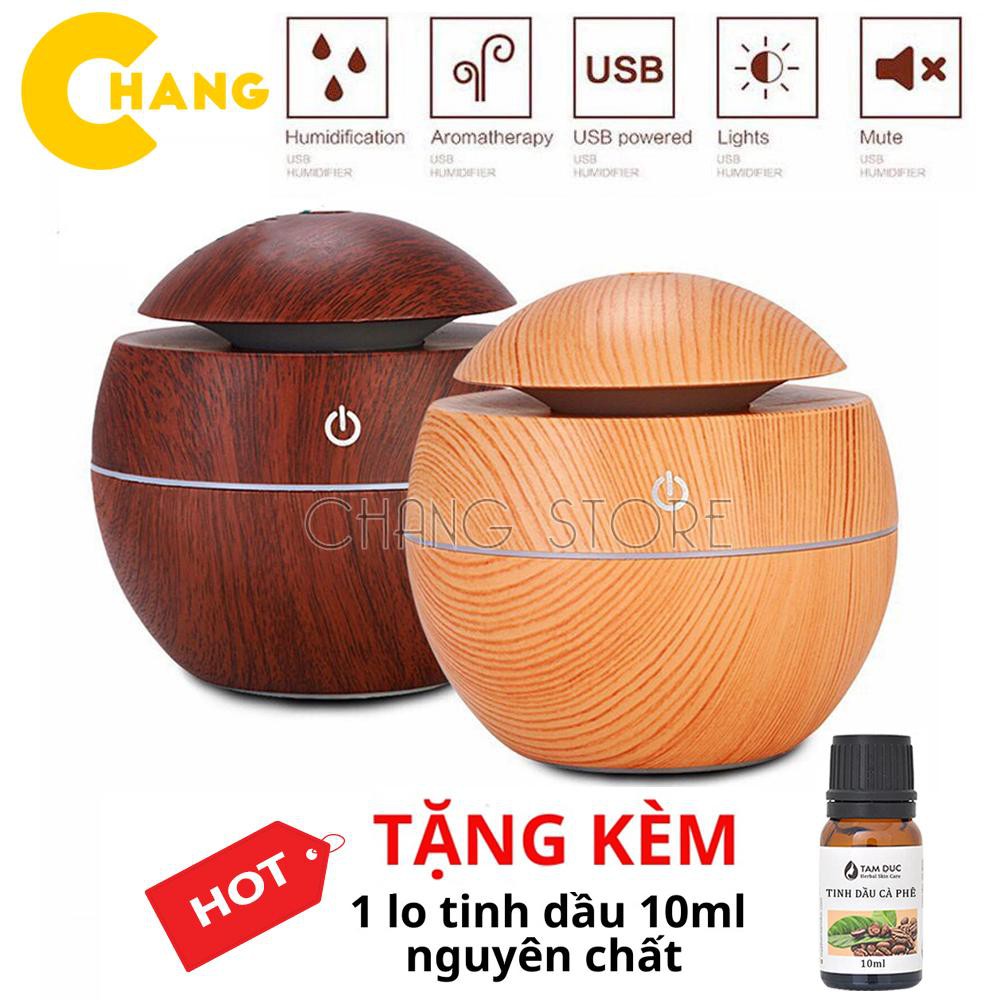 Máy Phun Sương Tạo Ẩm, Máy Khuếch Tán Tinh Dầu Vân Gỗ Tròn + Tặng Lọ Tinh Dầu 10ml Nguyên Chất