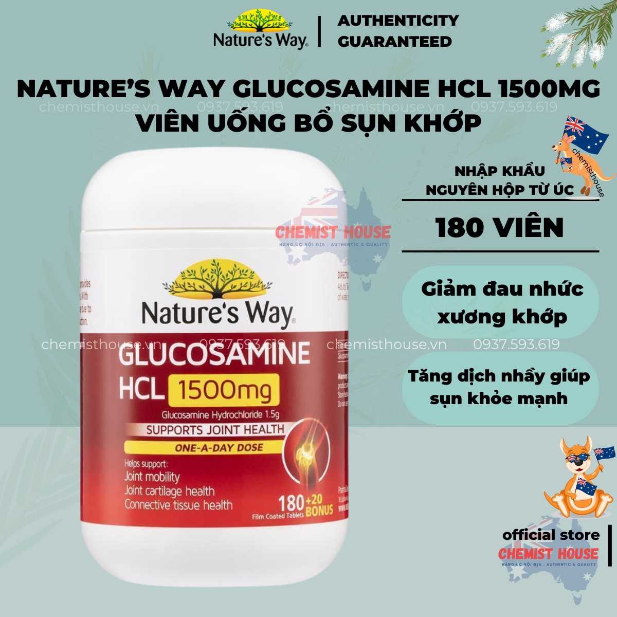 Nature's way glucosamine viên uống bổ xương khớp sụn hcl 1500mg úc chính hãng 200 viên hsd xa