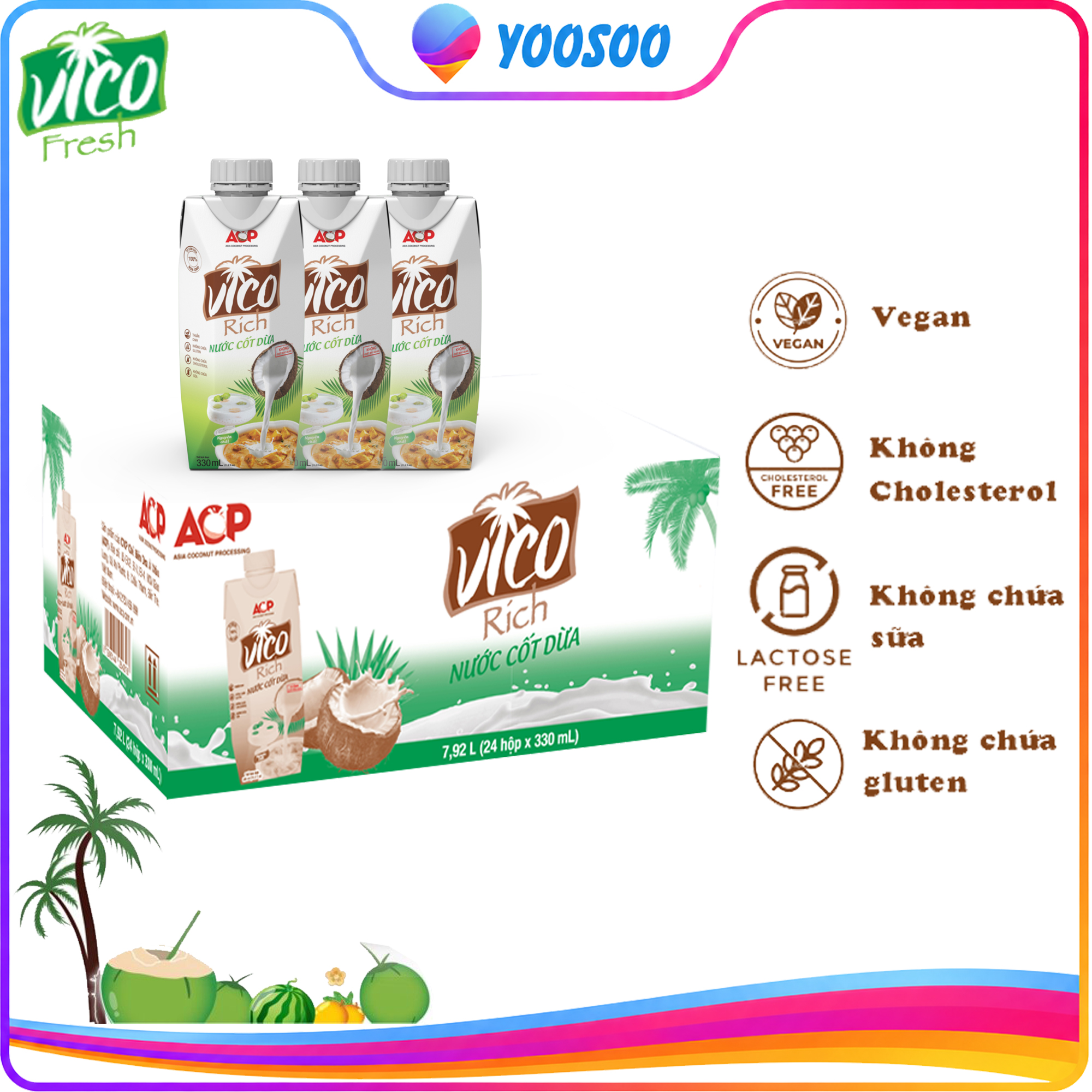 (SỬ DỤNG TIỆN LỢI - HSD 12.2027) THÙNG 24 HỘP 330ML NƯỚC CỐT DỪA TƯƠI NGUYÊN CHẤT (COCONUT MILK) VICO RICH - YOOSOO