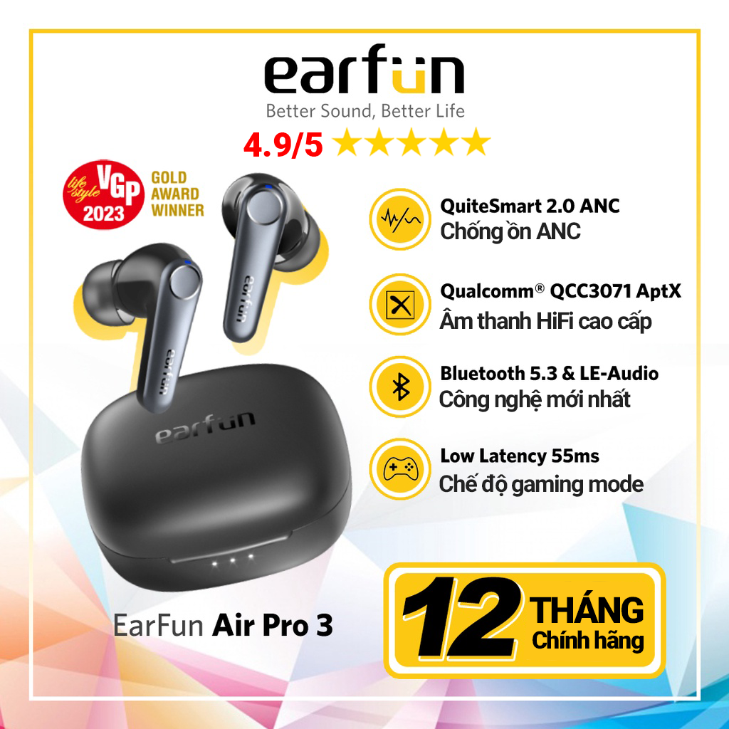 Tai nghe True Wireless EARFUN Air Pro 3, chống ồn ANC Qualcomm QCC3046