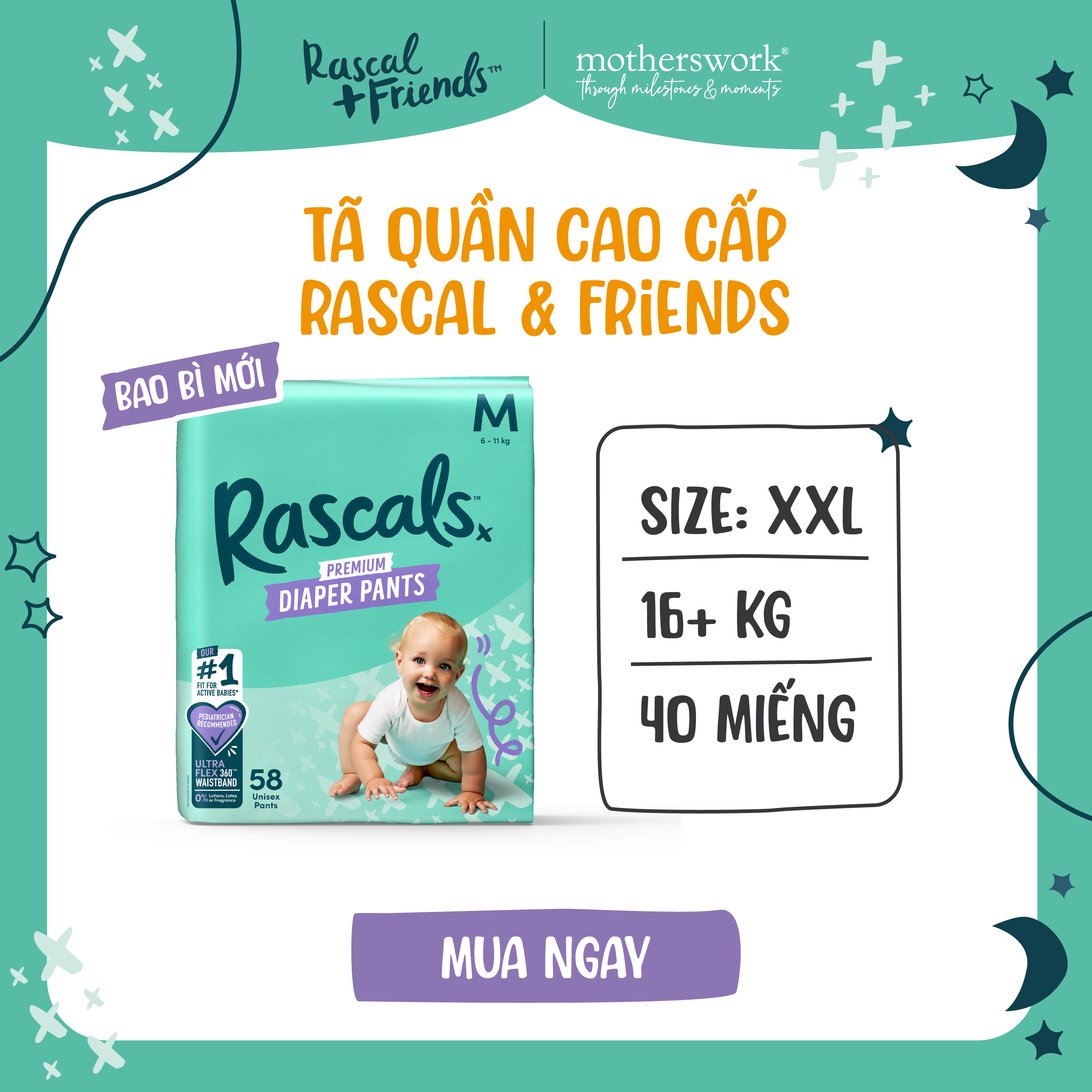 Tã/Bỉm Quần Cao Cấp Rascal + Friends Size XXL 15-20kg, 40 miếng - motherswork