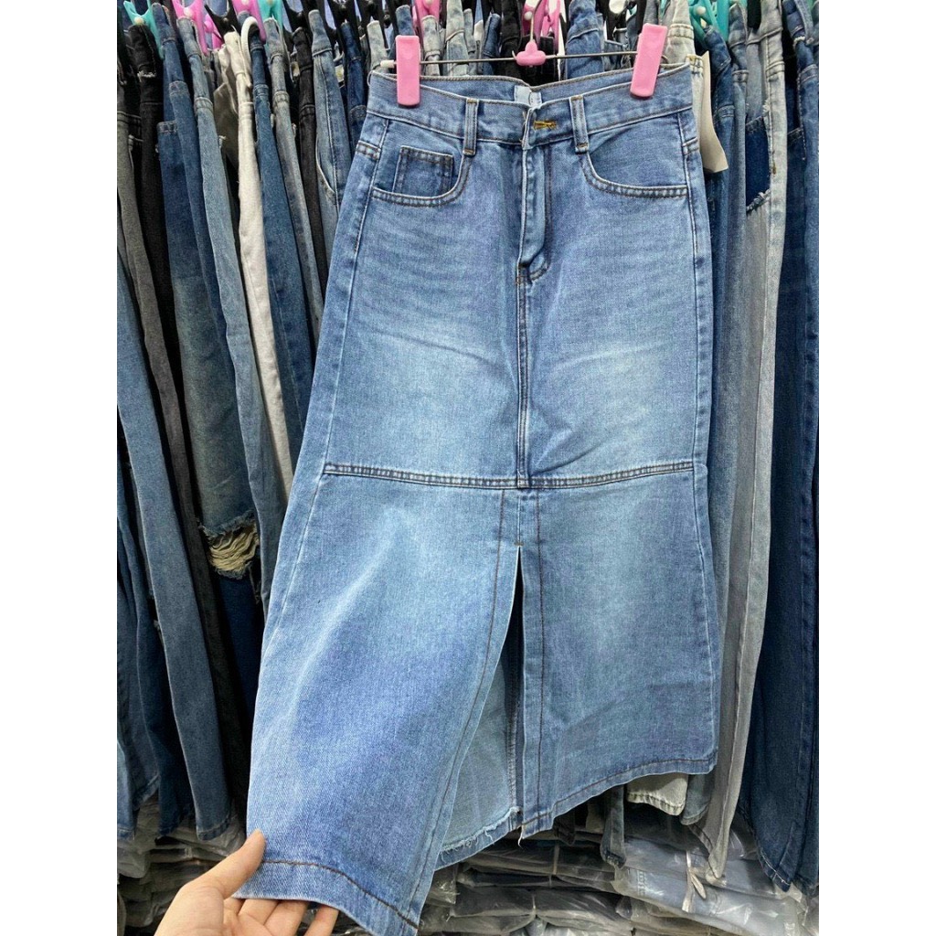 Chân váy jeans dáng dài xẻ tà trước siêu xinh cw