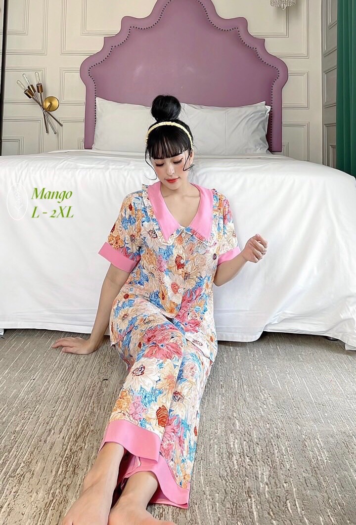 Bộ đồ bộ pijama mango cao cấp - cổ bèo quần dài tay ngắn