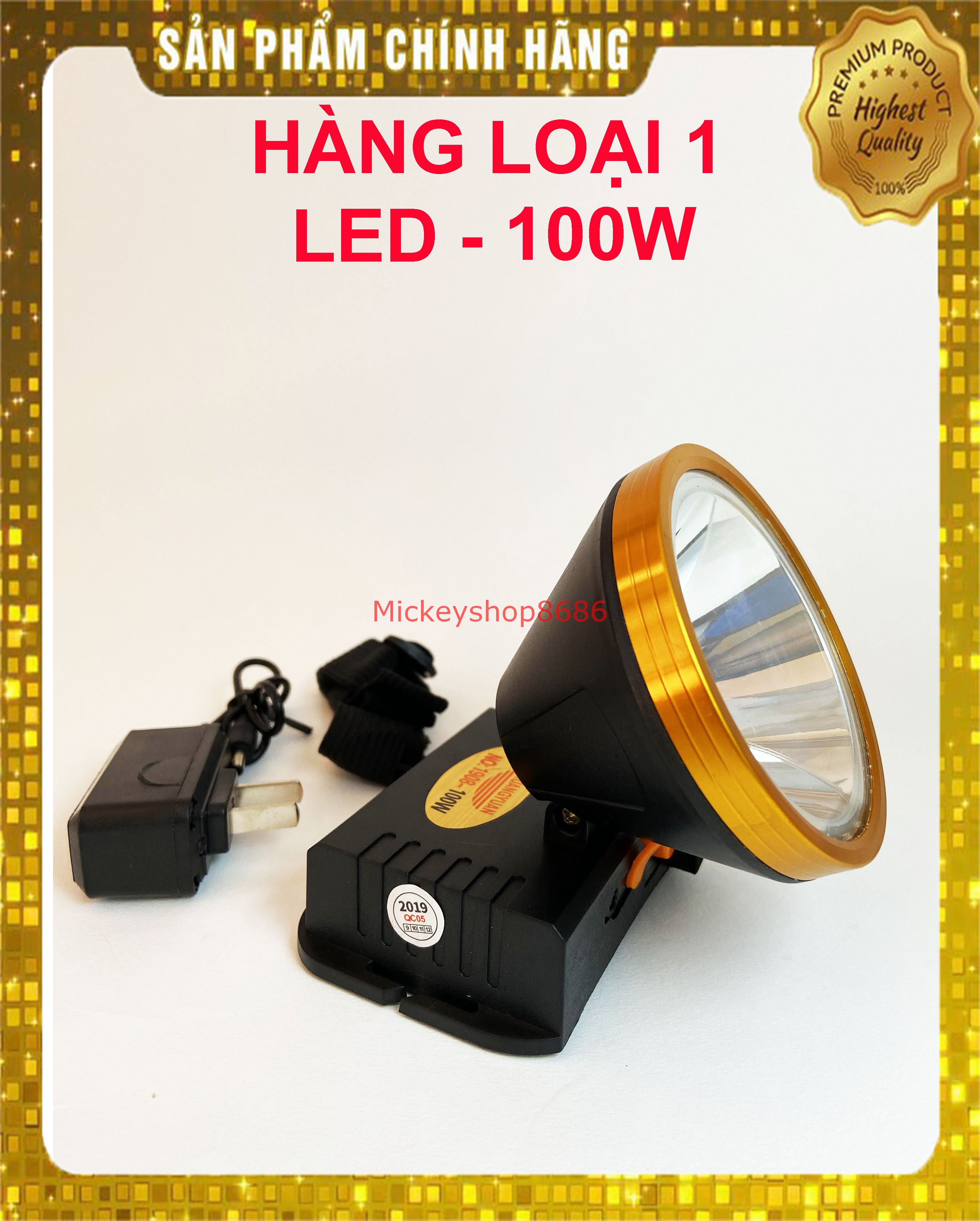 Đèn pin đội đầu shangyuan 1908 led 100w siêu sáng chống nước, ánh sáng vàng hoặc trắng, đèn đeo đầu soi ếch dã ngoại