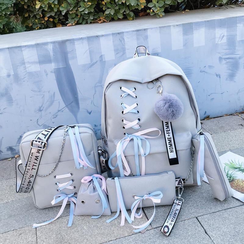 Balo Combo 4 Món Đan Nơ - Kèm Dây Đeo Xích , balo nữ đi học , balo học sinh , balo đi chơi , balo nữ đi học hàn quốc , balo đi học nữ cấp 2 , balo du lịch , balo nữ mini , ba lô nữ , ba lo nữ, ba lo hoc sinh