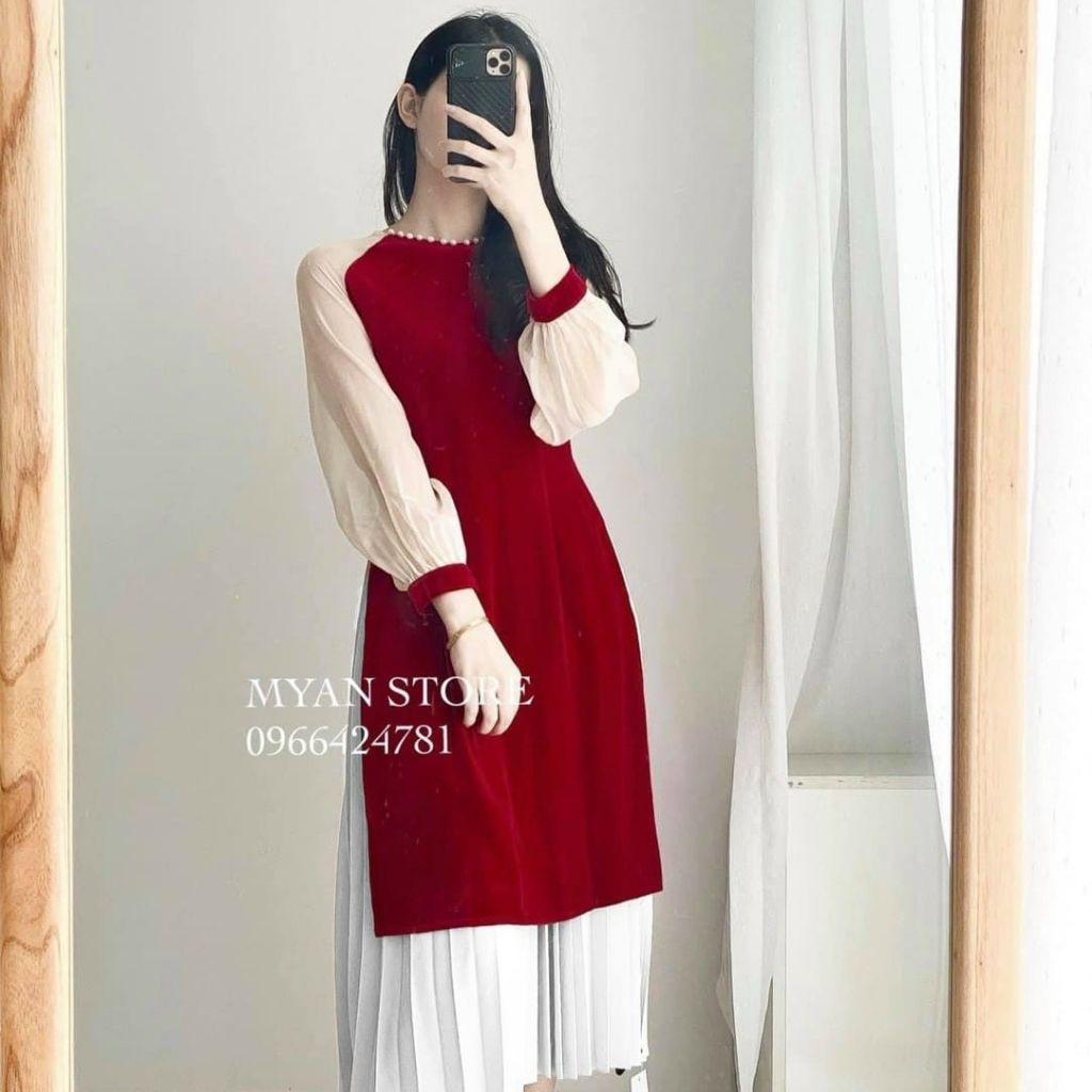 Áo Dài Cách Tân Cho Nữ , Áo Dài Nhung Đỏ Diện Tết Cực Xinh ADN03
