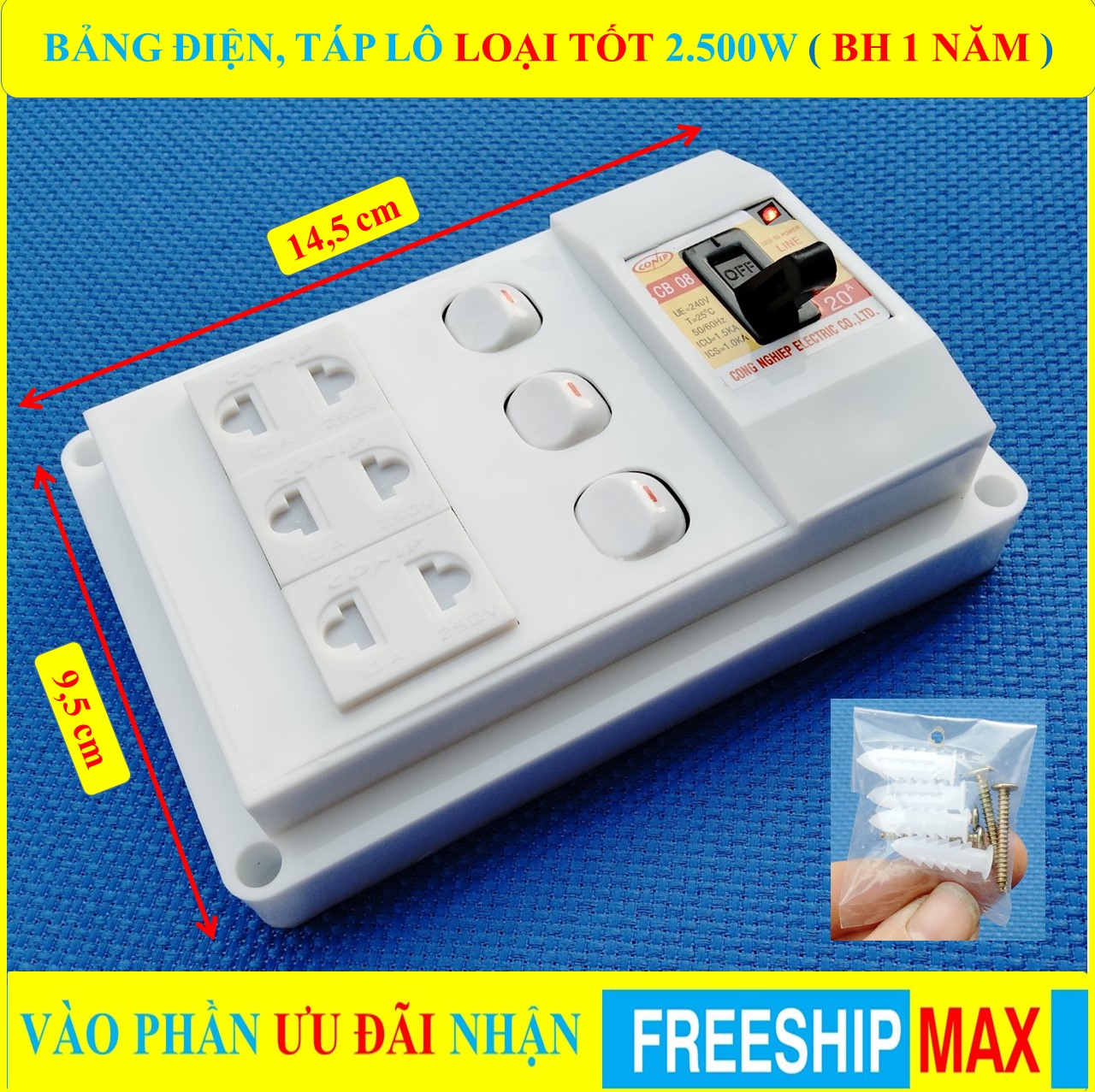 Bảng điện nổi 2500W LOẠI TỐT (BH 1 NĂM) Atomat 20A + Đã đi dây điện TO sẵn sàng + Bộ ốc vít lắp đặt đầy đủ