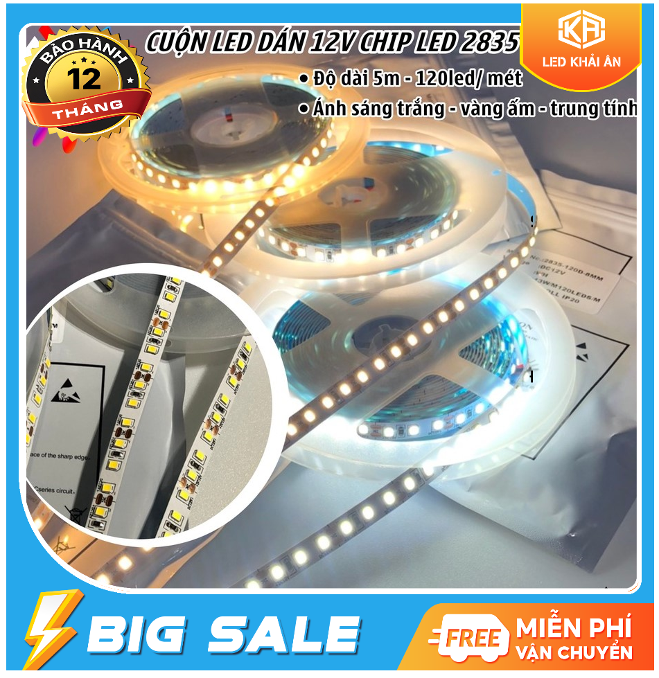 Đèn led dây 2835 12v cuộn 5m - siêu sáng, ánh sáng trắng , vàng , trung tính