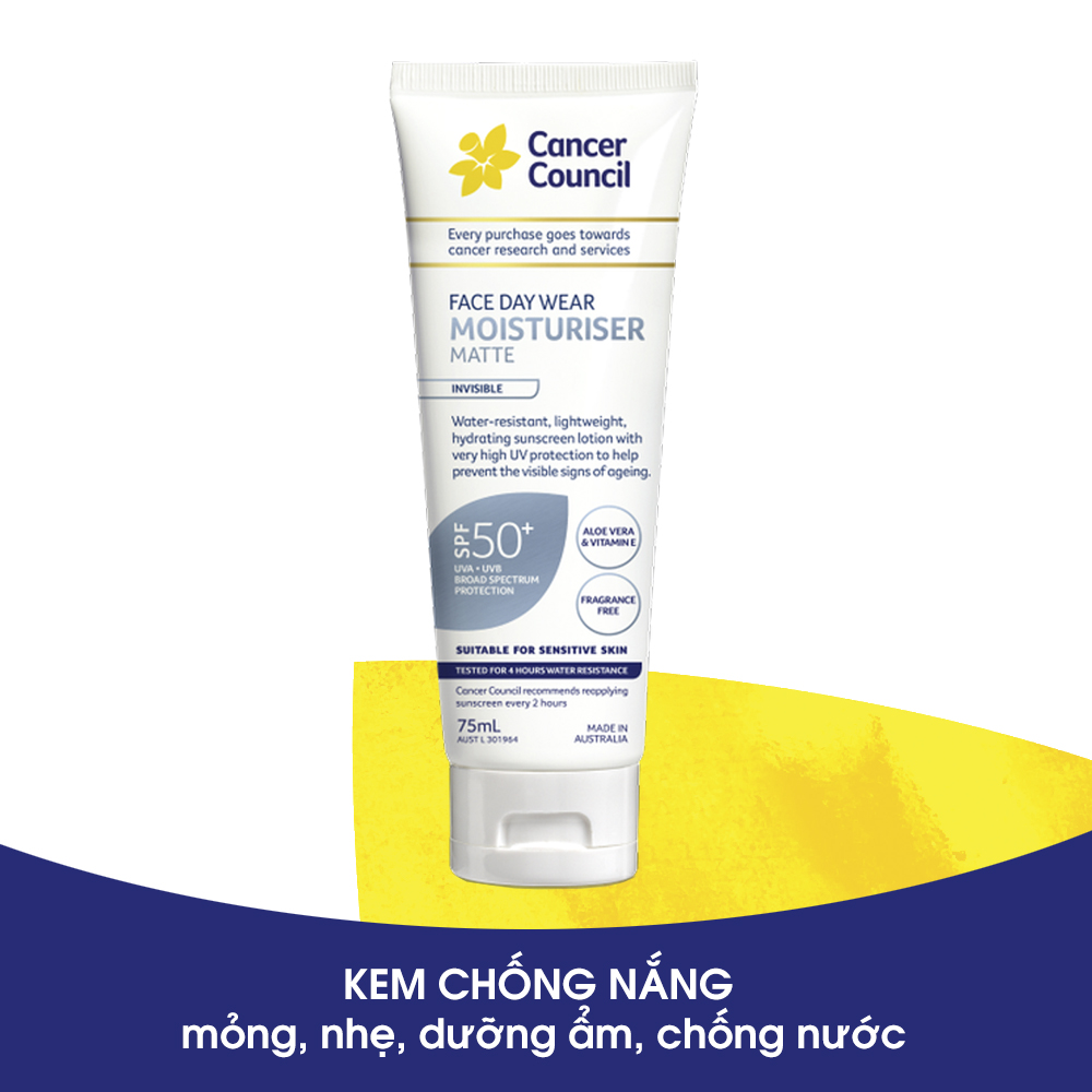 Kem chống nắng face & body dưỡng ẩm, chống nước cancer council face day wear spf 50+/pa++++ 75ml