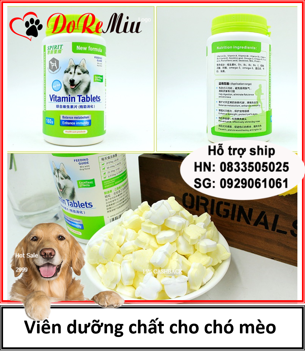 (1 lọ 160gr) Viên sữa dê viên canxi spirit cho chó mèo giúp dưỡng lông chắc xương và chó mèo biếng ăn