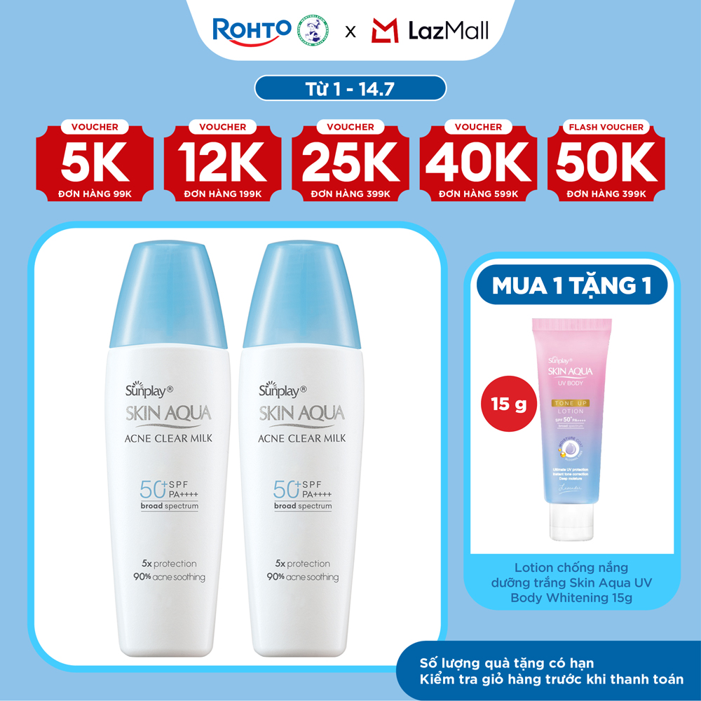 [VB] Bộ 2 Kem chống nắng Skin Aqua cho da mụn, dạng sữa dùng hàng ngày Sunplay Skin Aqua Acne Clear Eco Việt Nam SPF 50, PA++++ 25g