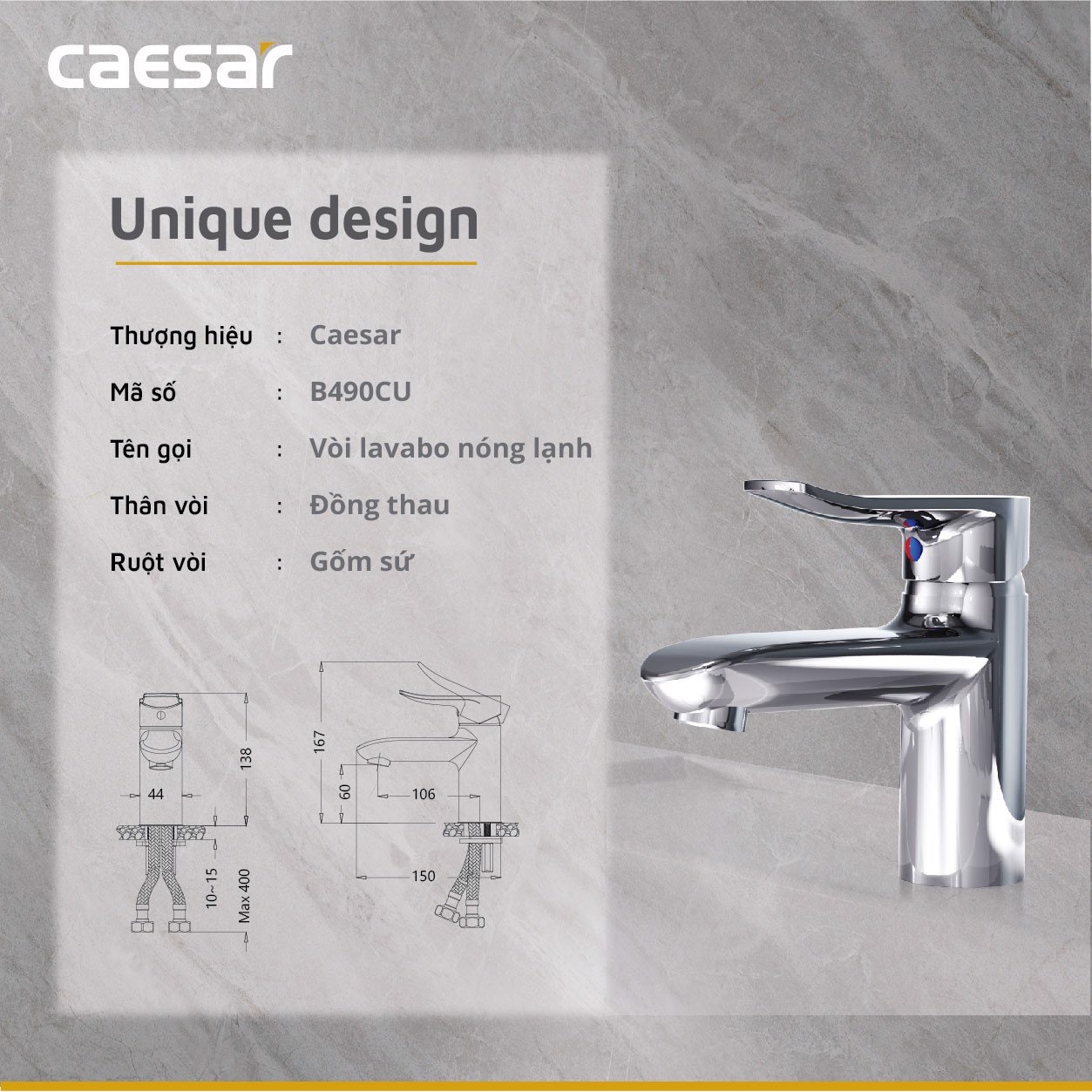 [Caesar] Vòi Lavabo, vòi rửa mặt nóng lạnh CAESAR B490CU