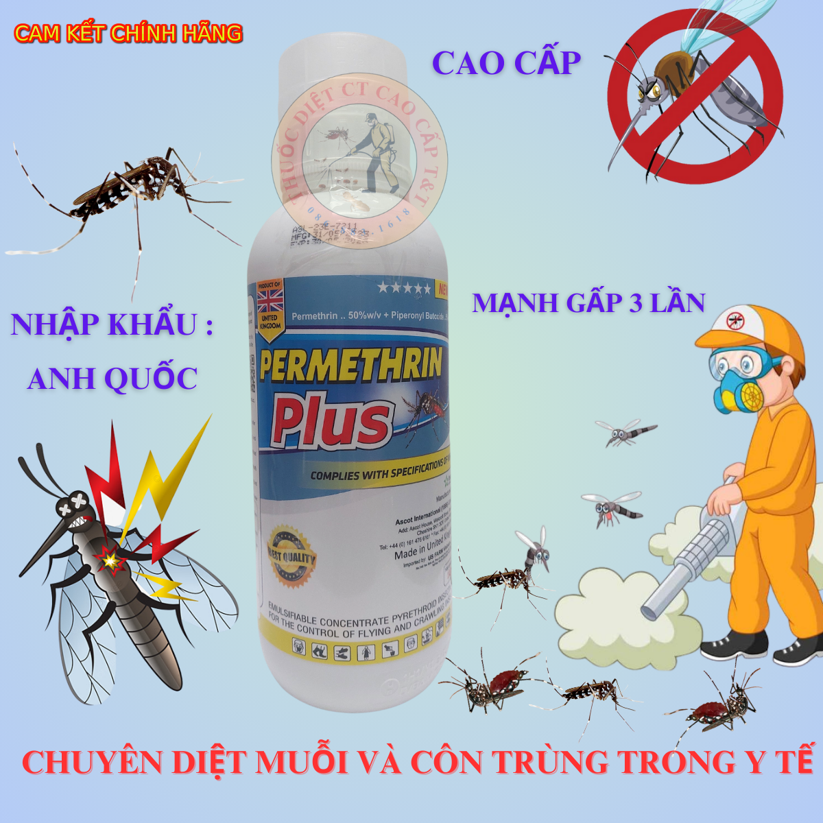 (chính hãng) Thuốc Diệt Muỗi PERMETHRIN PLUS 1 lít - Nhập Khẩu Anh Quốc - Chuyên Diệt Muỗi và côn trùng trong y tế