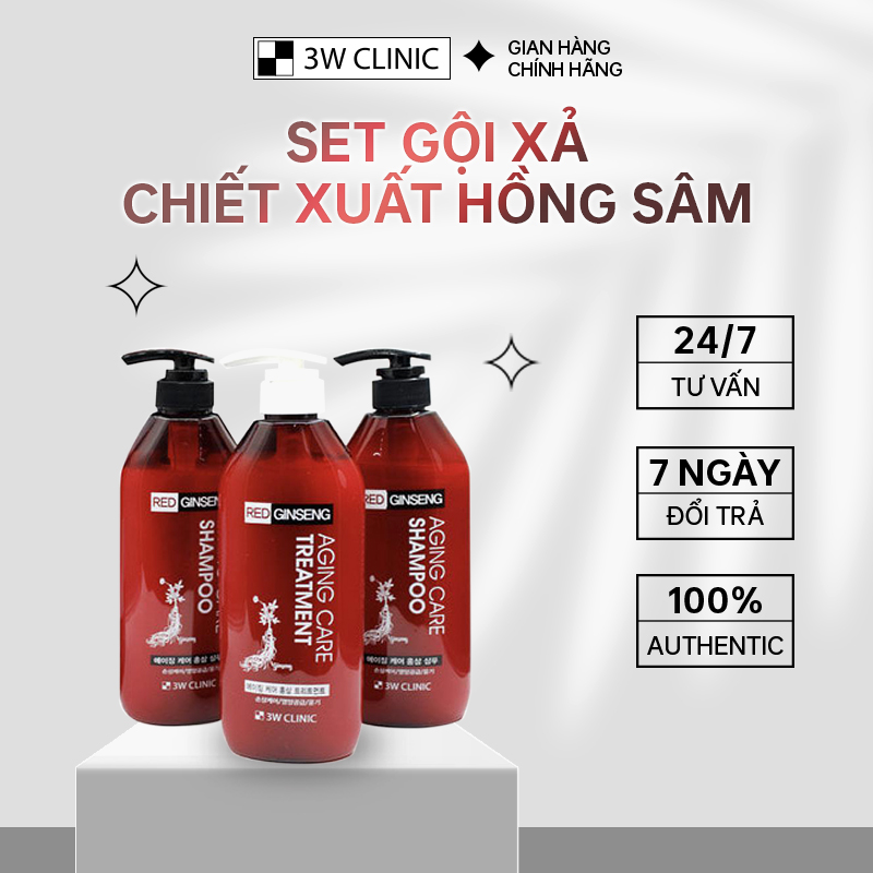 Bộ dầu gội & xả chiết xuất nhân sâm đỏ 3W Clinic Red Ginseng Aging Care 500ml giảm gãy rụng và phục hồi tóc