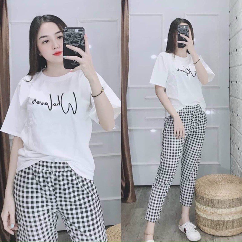 Bộ thun mặc nhà cotton quần caro siêu xinh