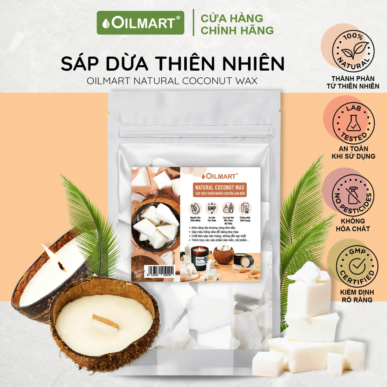 Sáp Dừa Oilmart Natural Coconut Wax, Làm Nến Thơm, Mỹ phẩm Handmade