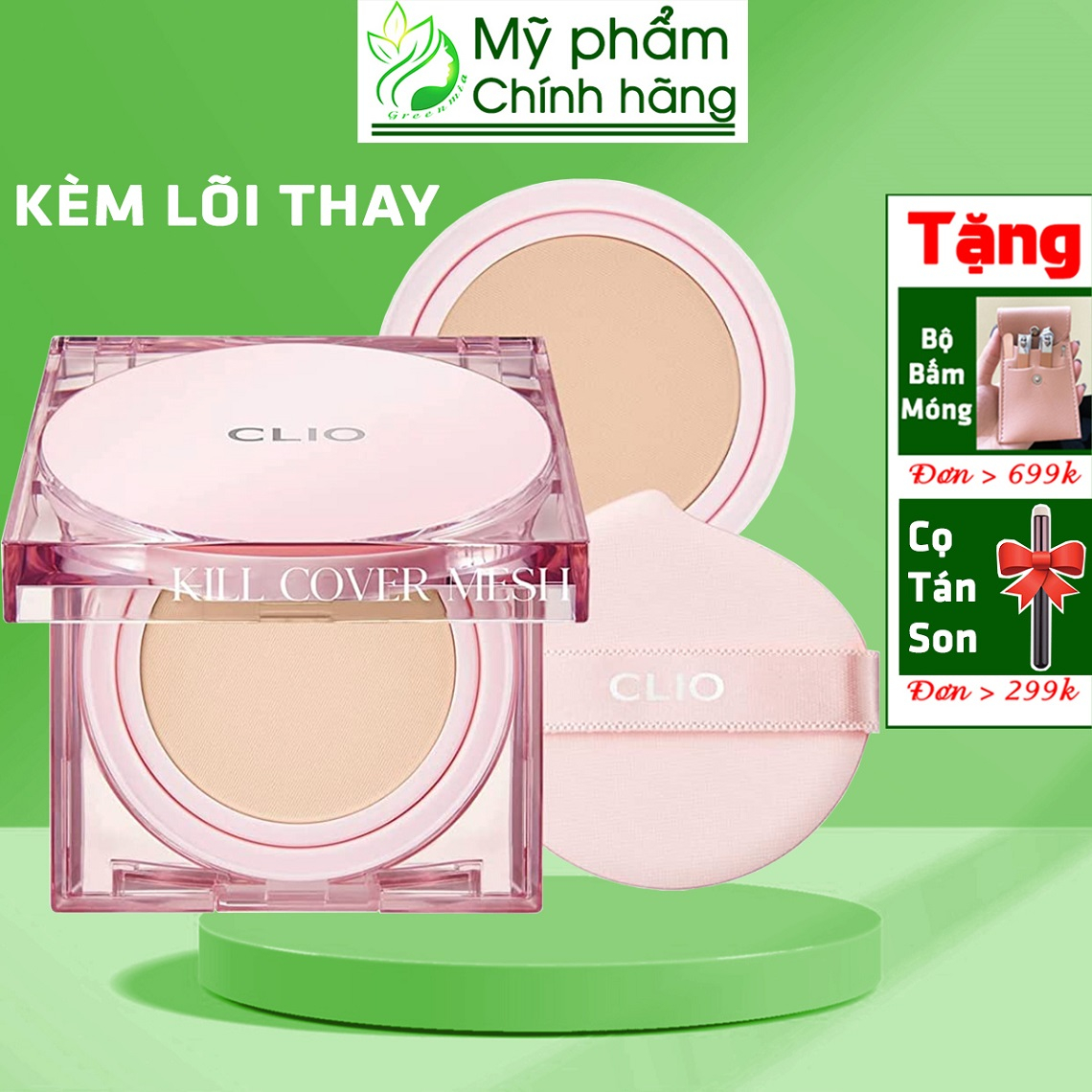 Cushion Phấn Nước Clio Hồng Kill Cover Mesh Glow SPF50+ PA++++ 15gx2 [KÈM 1 LÕI THAY] Căng Bóng Che Khuyết Điểm