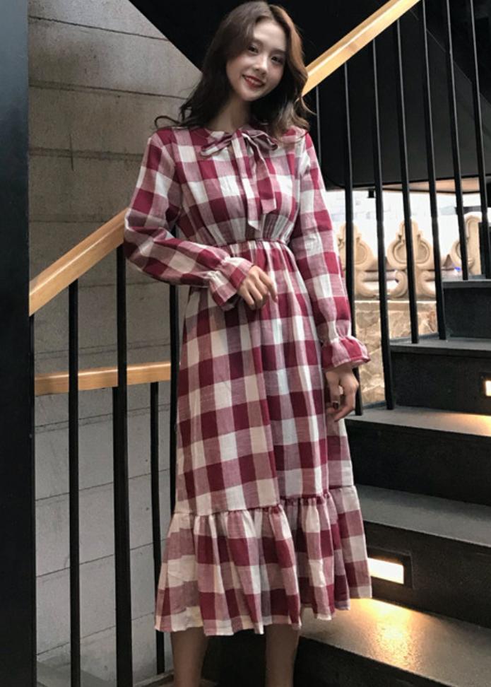 Đầm mẫu mới họa tiết ca rô nơ cổ cute dn063 hoa lan