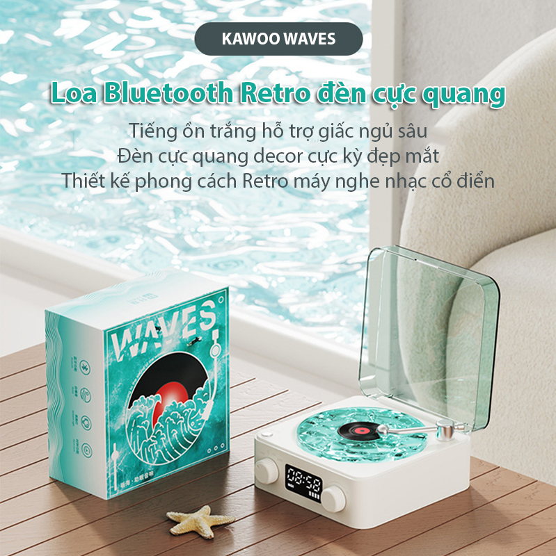 Loa Bluetooth Tiếng Ồn Trắng KAWOO WAVES KW03 Phong Cách Đĩa Than Retro - Tích Hợp Đèn LED Cực Quang Aurora Đổi Màu Decor Phòng Ngủ, Giúp Thư Giãn Dễ Ngủ