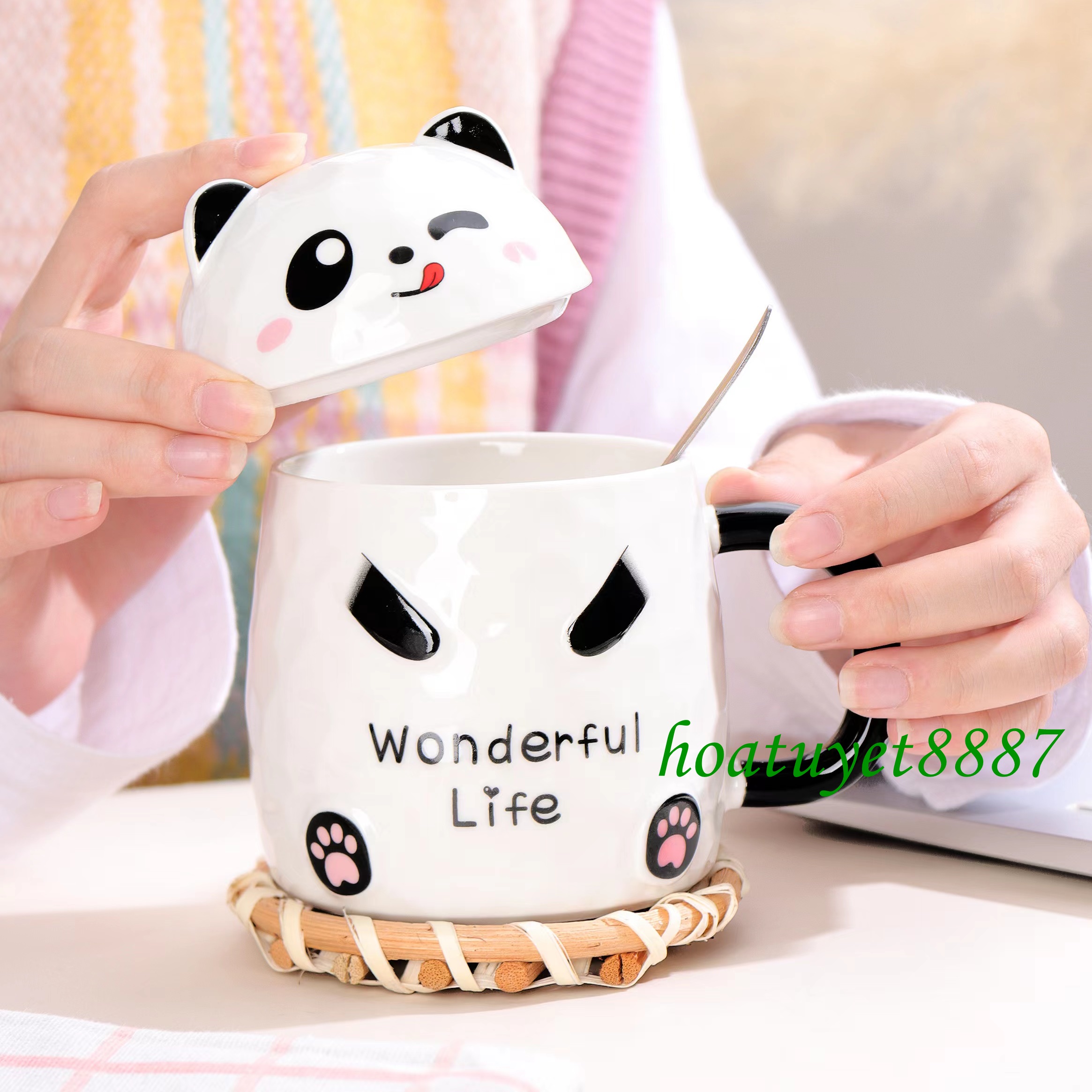 Ly cốc sứ uống nước tạo hình gấu Trúc dễ thương có nắp và thìa, ly sứ quà tặng hình gấu
