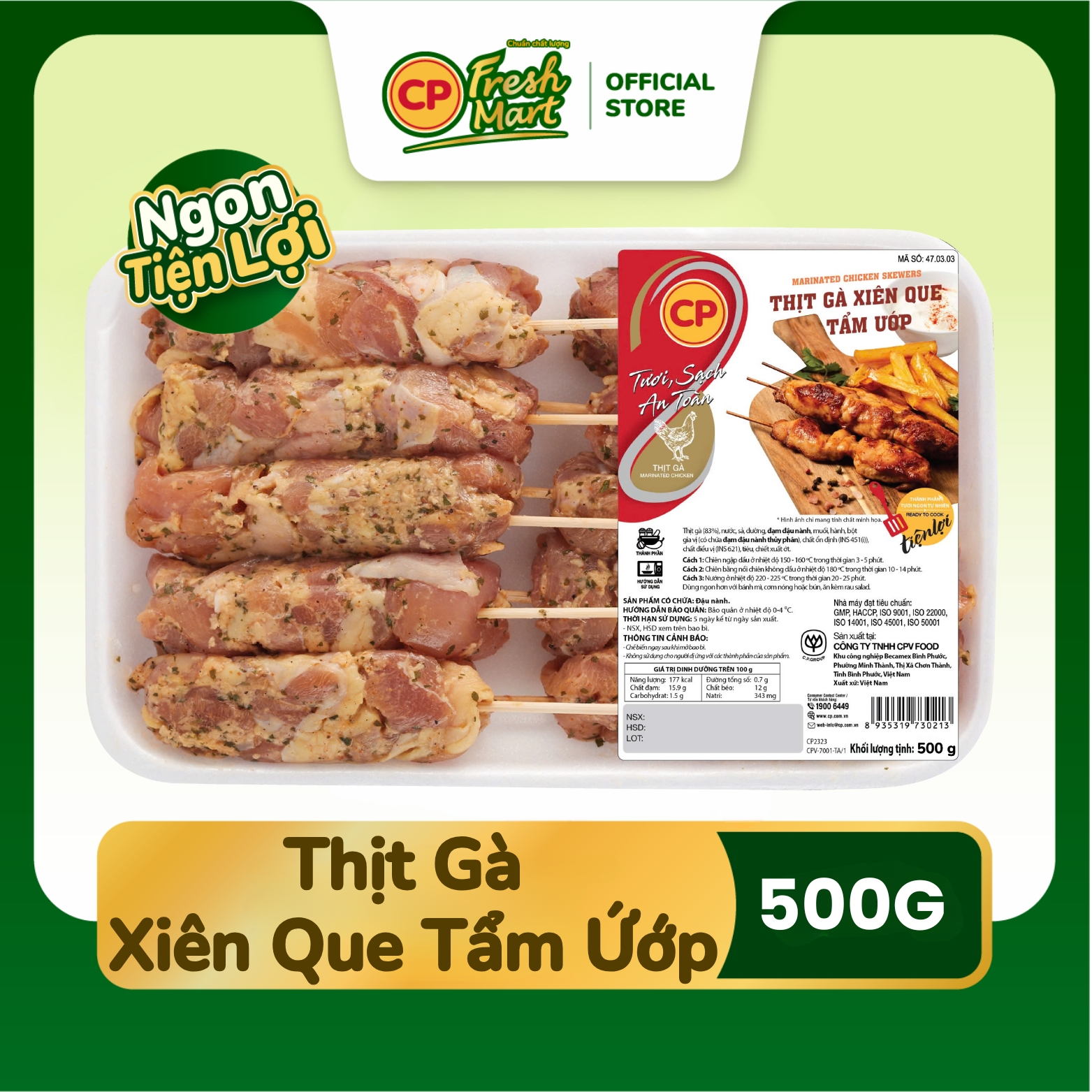 Thịt Gà Xiên Que Tẩm Ứớp CP Gói 500G - Ngon Tiện Lợi - Món Ngon Bé Thích - Tiệc Nhanh Gọn - CP Fresh Mart