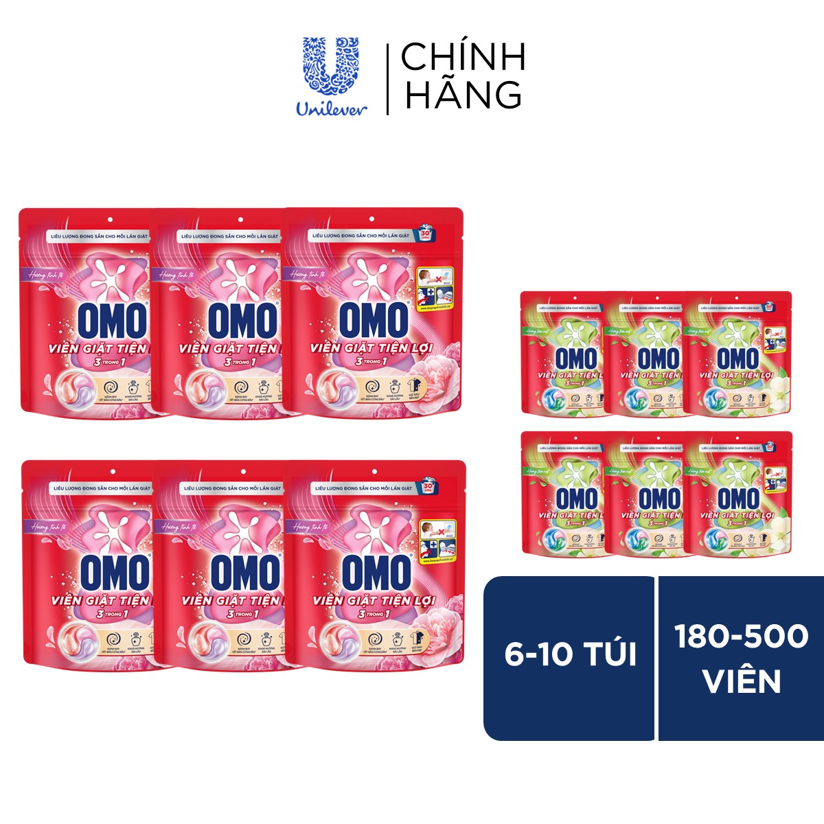 (Livestream) - Combo 6 túi viên giặt tiện lợi OMO 3 trong 1 Hương Tinh Tế/Tươi Mát 30-50 viên/túi (bao bì tùy lô nhập hàng)