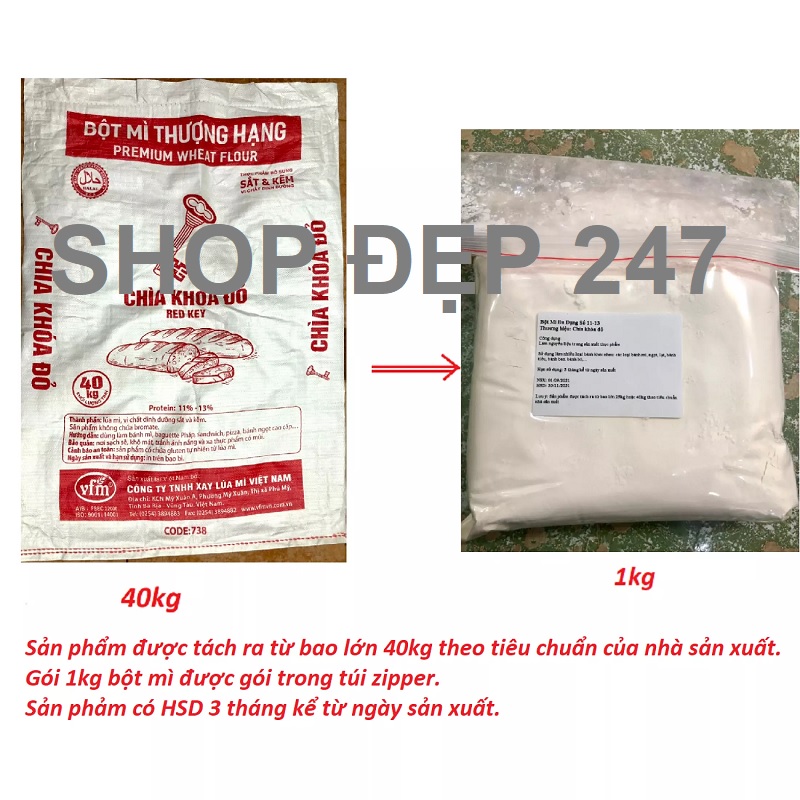 Bột Mì Đa Dụng Cao Cấp Chìa Khoá Đỏ Số 11-13 (1kg) - HSD 3 tháng kể từ ngày sản xuất (HÀNG TÁCH RA TỪ BAO 40kg)
