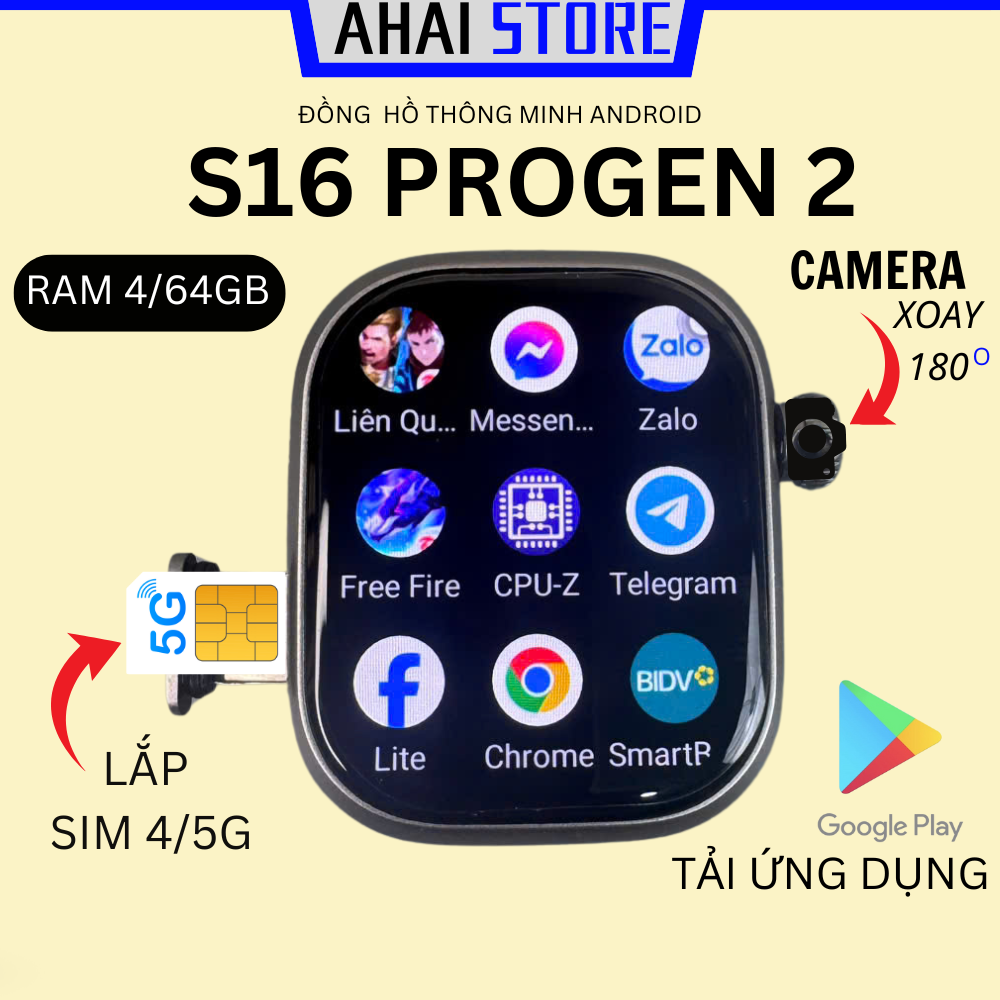  Đồng hồ S16 PROGEN2 Ram4 64GB lắp sim nghe gọi độc lập camera xoay 180 độ tải ứng dụng chơi game AHAI STORE 