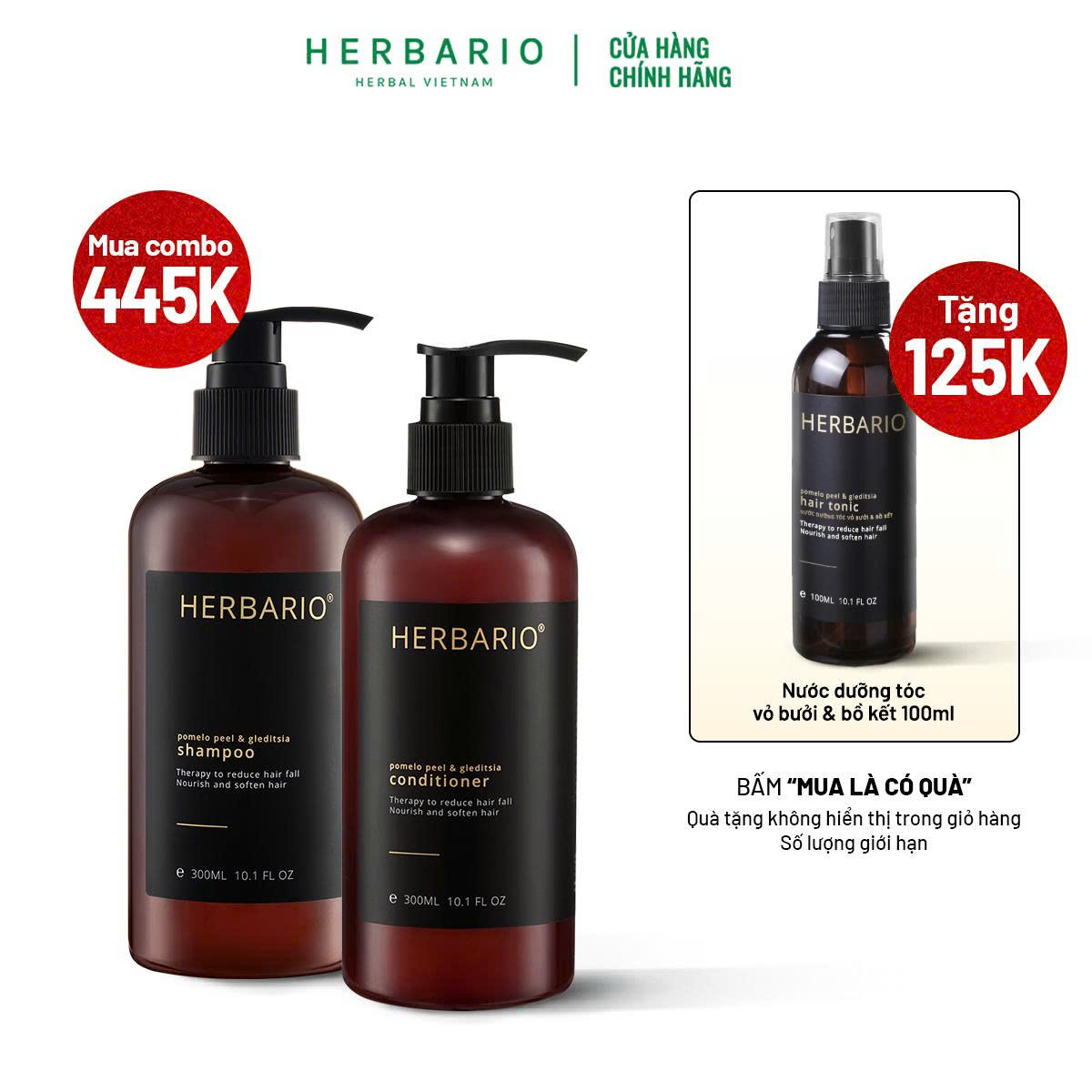 Bộ đôi Dầu Gội + Dầu Xả vỏ bưởi & Bồ Kết Herbario 300ml giảm rụng tóc suôn mượt tóc 