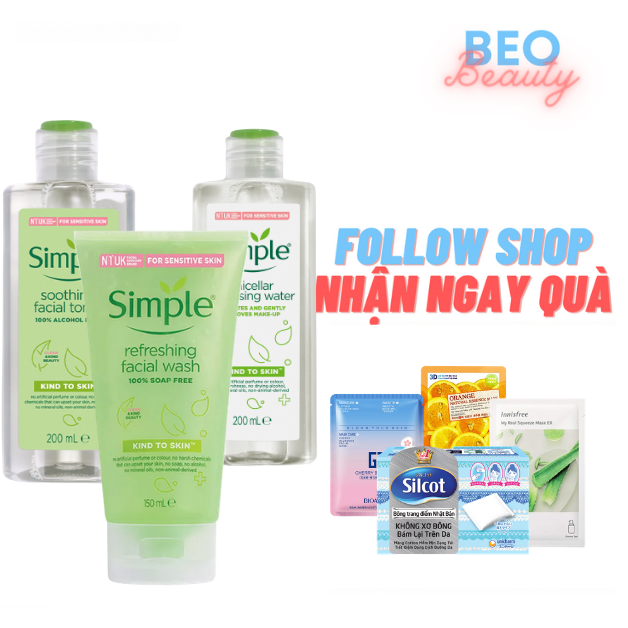 Bộ sản phẩm Toner Simple Sữa rửa mặt Simple nước tẩy trang Simple cho da nhạy cảm dầu mụn