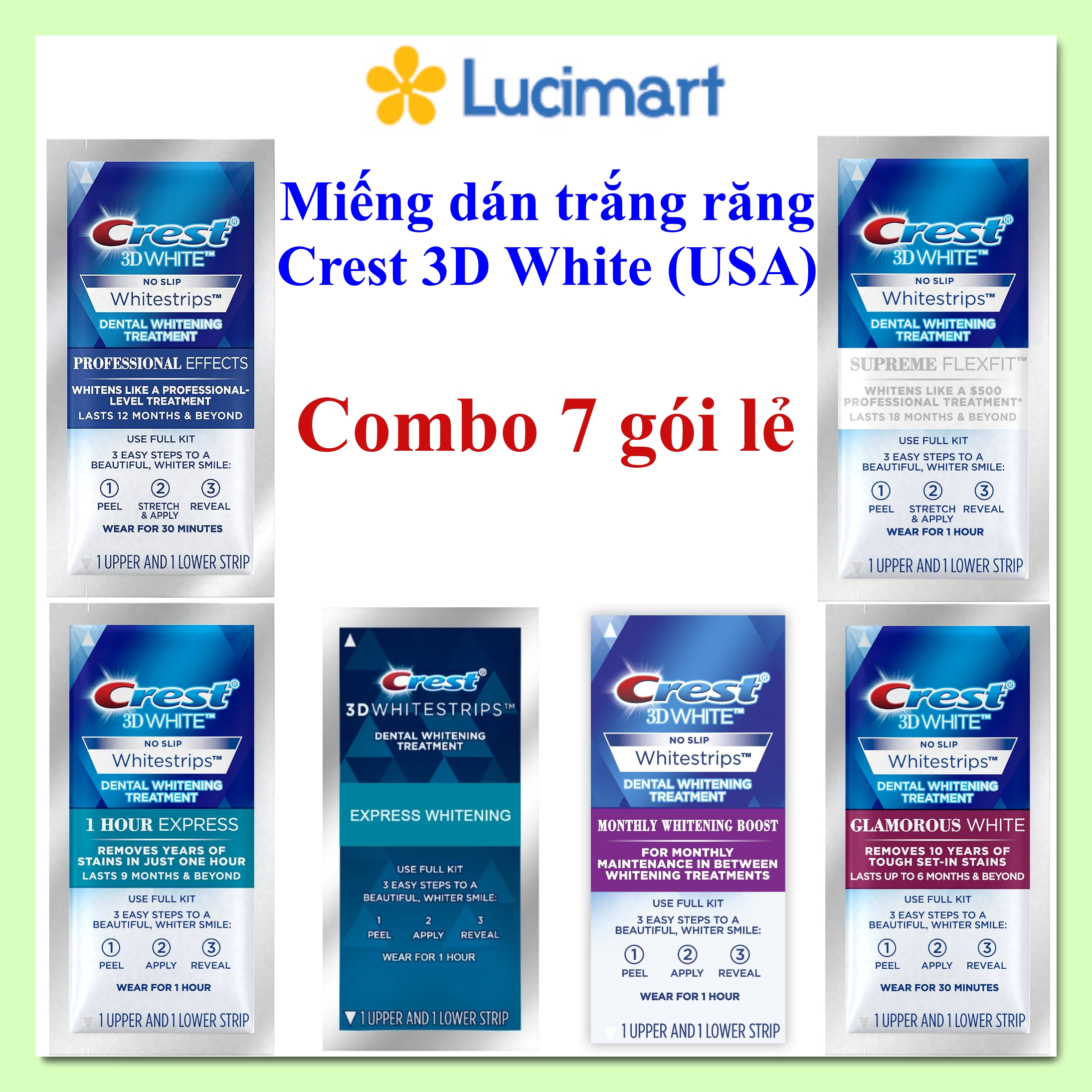 Miếng dán trắng răng Crest 3D White Whitestrips gói lẻ đủ loại