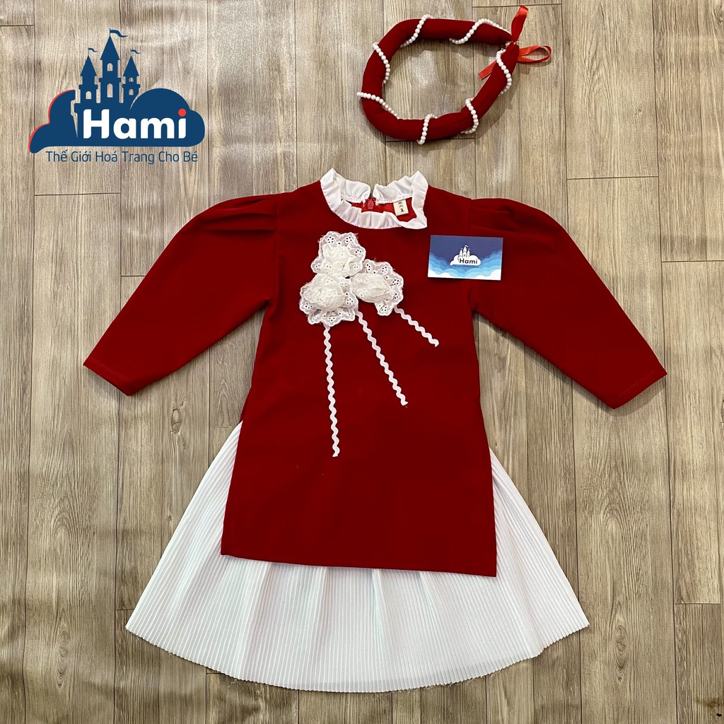 ÁO DÀI VIỆT NAM CHO BÉ GÁI KÈM VÁY NHUNG ĐỎ VÀ MẤN