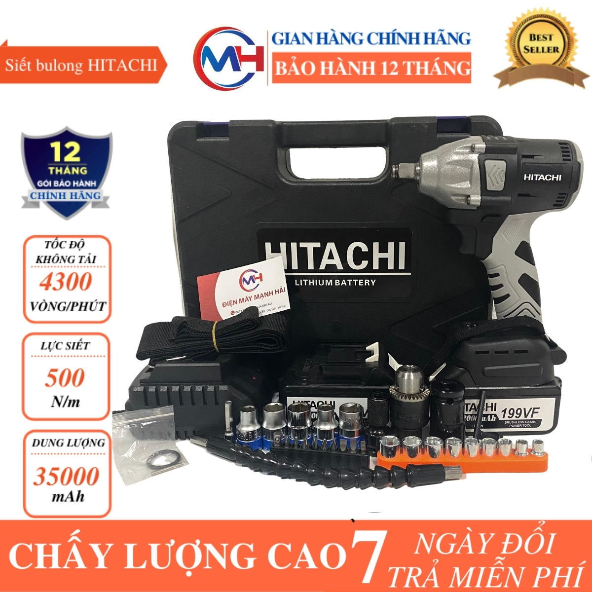 Máy Siết bulong hitachi 199Vf Không chổi than - Máy bắn bulong Tặng đầu chuyển vít và khẩu 22mm