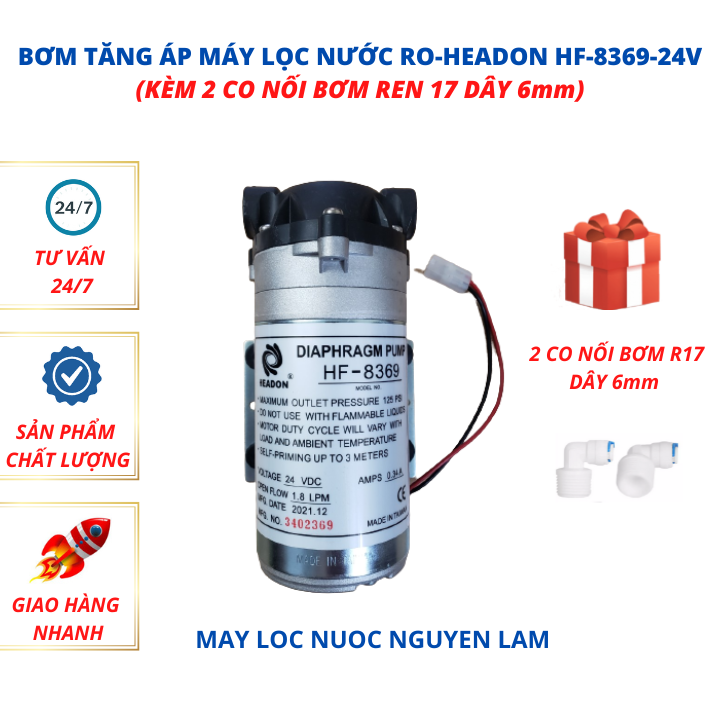(HCM) Bơm Máy Lọc Nước RO HEADON HF-8369 24V (Kèm 2 Co Nối Bơm Ren 17 Dây 6mm)