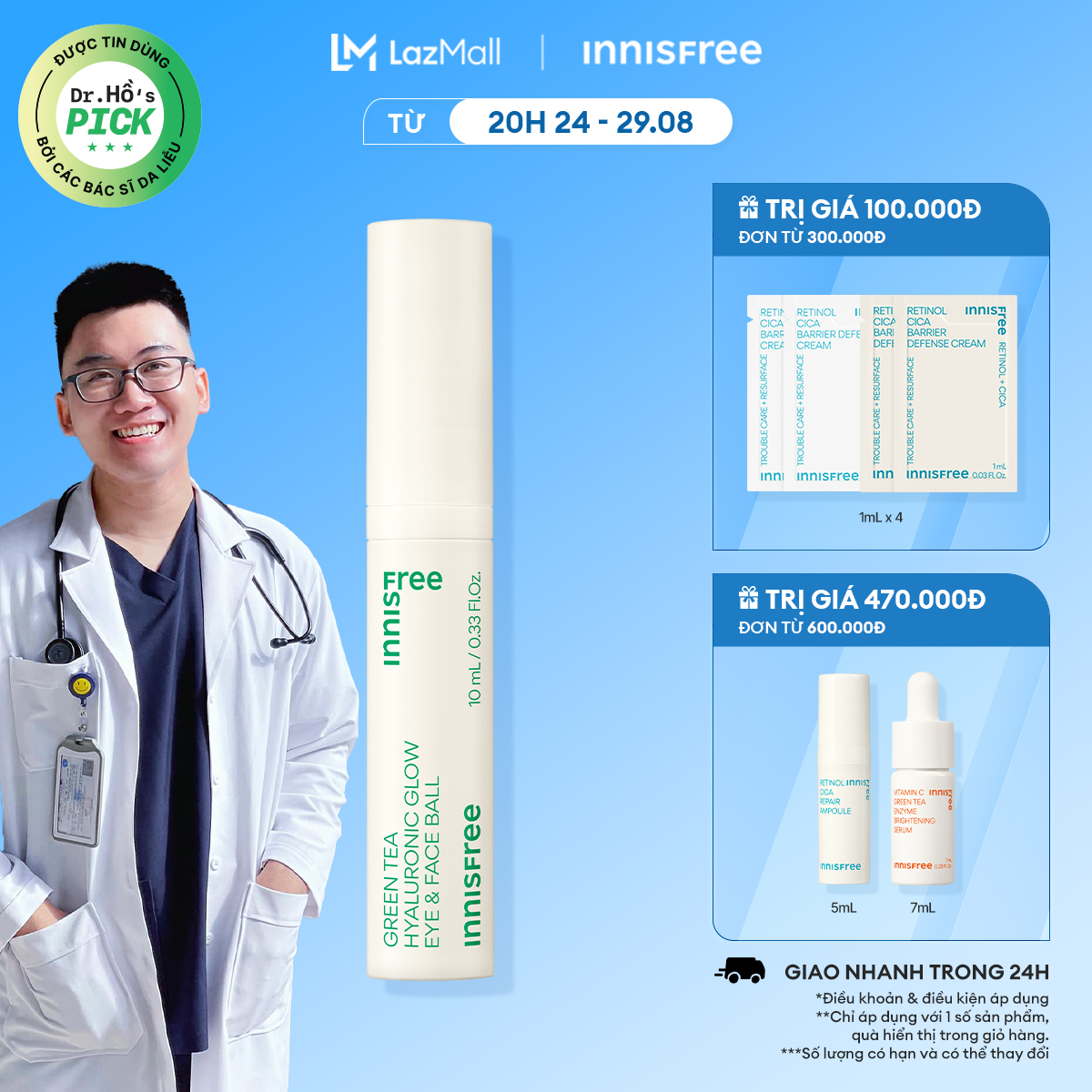 Sản phẩm dưỡng da vùng mắt dạng thanh lăn INNISFREE Green Tea Seed Hyaluronic Glow Eye & Face