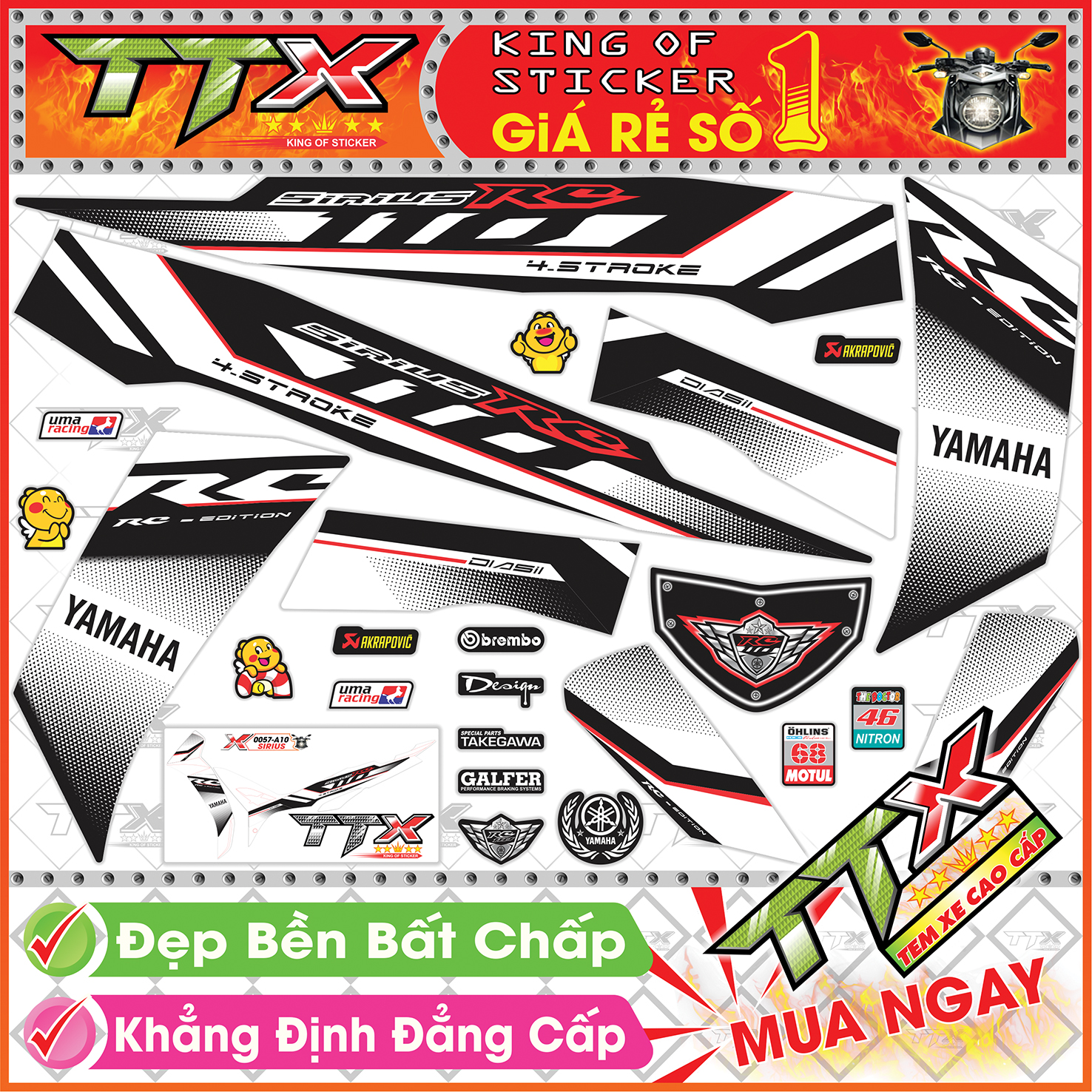 Tem xe sirius rc trắng đen đỏ - tem sirius 110 đỏ trắng đen siêu đẹp - mẫu team sirius trắng đen đỏ