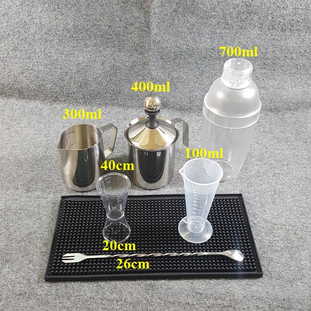 Bộ 7 dụng cụ pha chế dùng cho quầy cafe, sinh tố - shaker 700ml in mờ