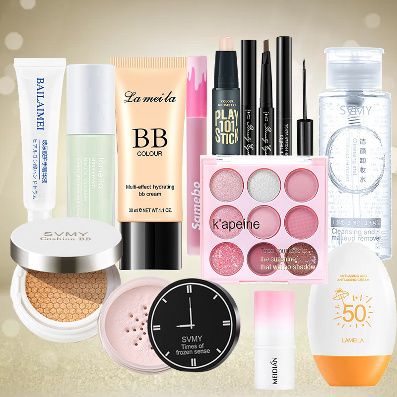 Bộ 13 cái Bộ trang điểm kem nền（Kem BB che khuyết điểm ）+Phấn phủ kiềm dầu+Phấn bảng mắt+Chì kẻ mày+phấn má+Bút tạo khối+son lì+bông tẩy trang+cushion phấn nước+sự cách ly kem lót+Mascara kép + bút kẻ mắt