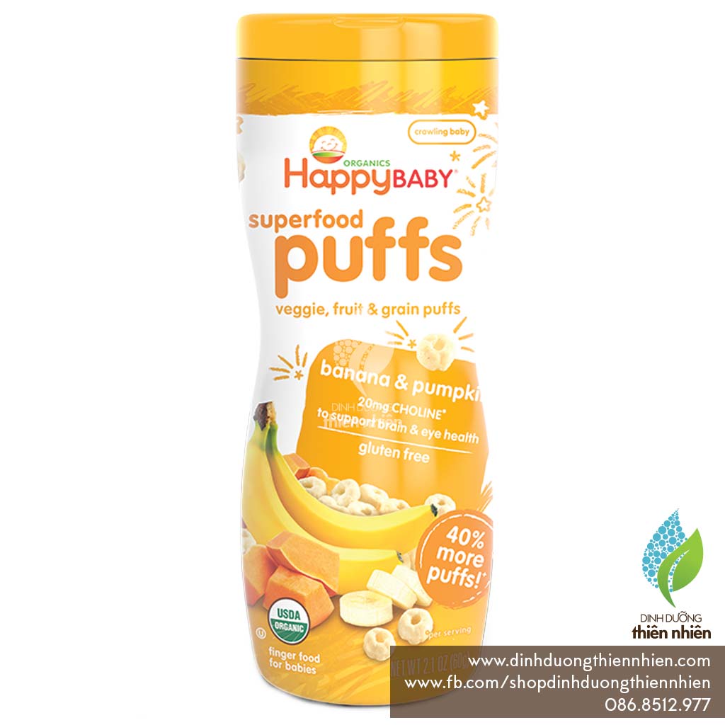 [HCM]Bánh Ăn Dặm Hữu Cơ Happy Baby Puffs 60g vị Chuối & Bí Đỏ