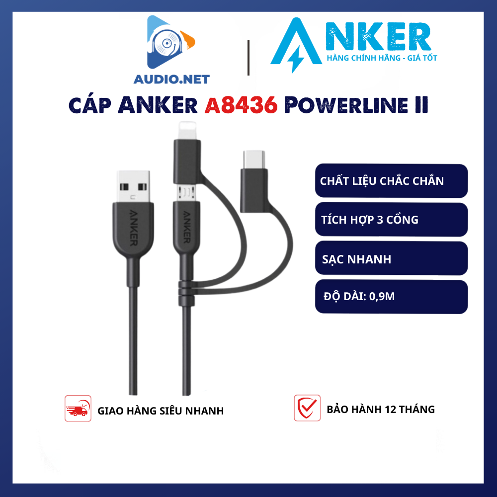 Cáp tích hợp 3 Cổng Anker A8436 PowerLine ll Cáp sạc Micro USB 3 trong 1 USB-A sang USB-C với MFI -