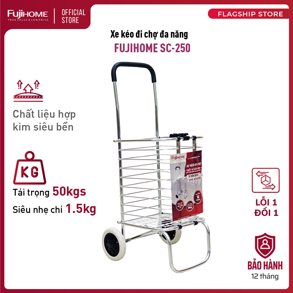 Xe kéo đi chợ siêu thị chở 40kg gấp gọn nhập khẩu FUJIHOME SC-250, giỏ kéo hàng đi chợ có bánh xe xếp gọn- Chính hãng bảo hành 1 năm