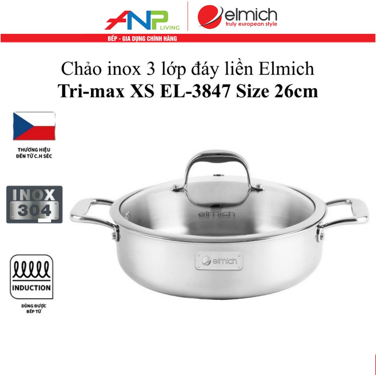 Chảo Xào Kiêm Nồi Lẩu INOX 304 3 lớp Đáy Liền ELMICH Trimax XS EL3847 Size 26cm
