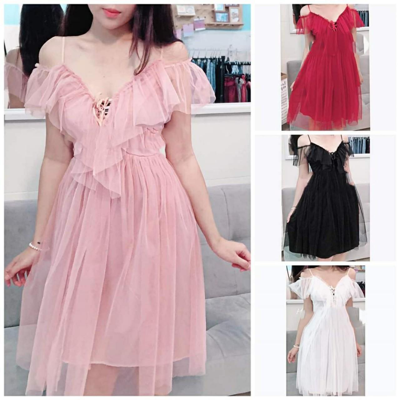 [CÓ VIDEO] Đầm lưới công chúa 2 dây trễ vai dự tiệc -đầm nữ xòe dạo phố