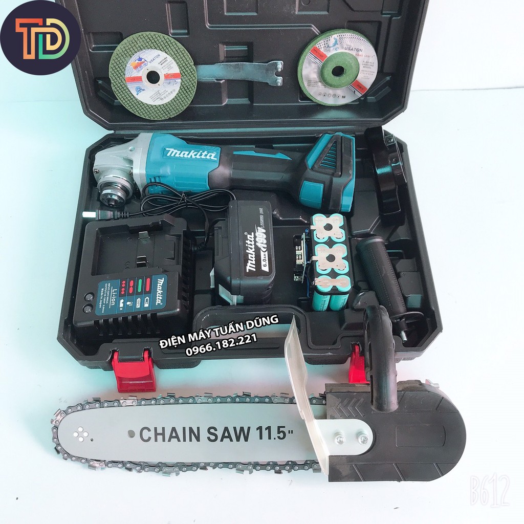 Máy cắt cầm tay pin Makita 199v 6Ah 2 pin 20000mAh, 3 tốc độ, không chổi than TẶNG ĐÁ MÀI ĐÁ CẮT + Lưỡi cưa xích