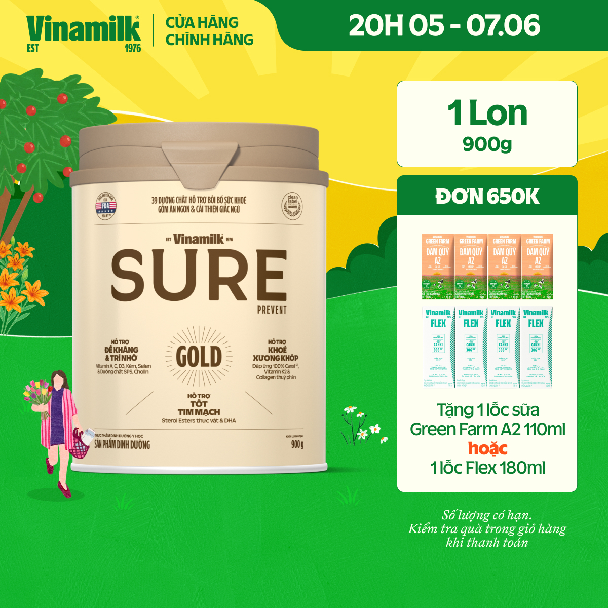 [02-04.06 Tặng 1 lốc AMD 110ml] Sữa bột cho người lớn tuổi Vinamilk Sure Prevent 900g (Hộp thiếc) - bổ sung dinh dưỡng và tăng cường sức khỏe